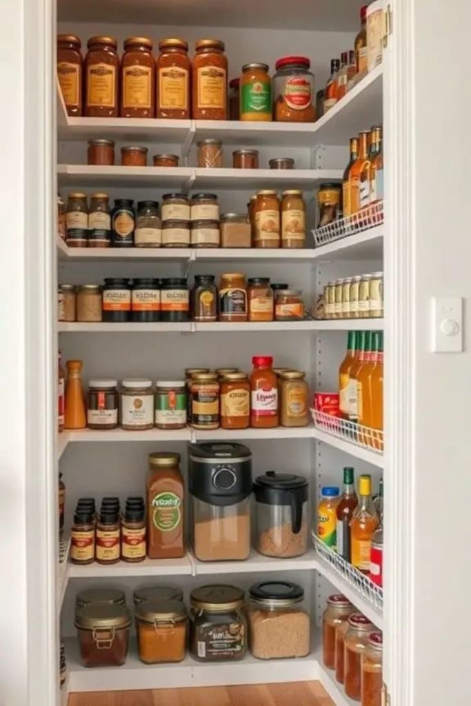 Tiered pantry shelves for cans.