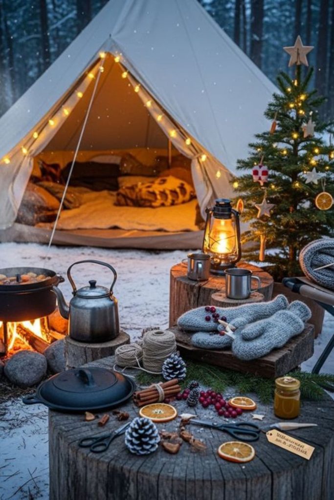 Snowy alpine luxury camping hideaway scene