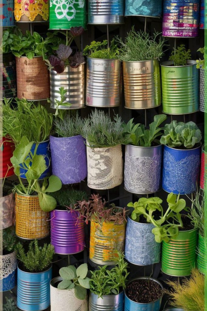 Tin can recycled herb garden cluster