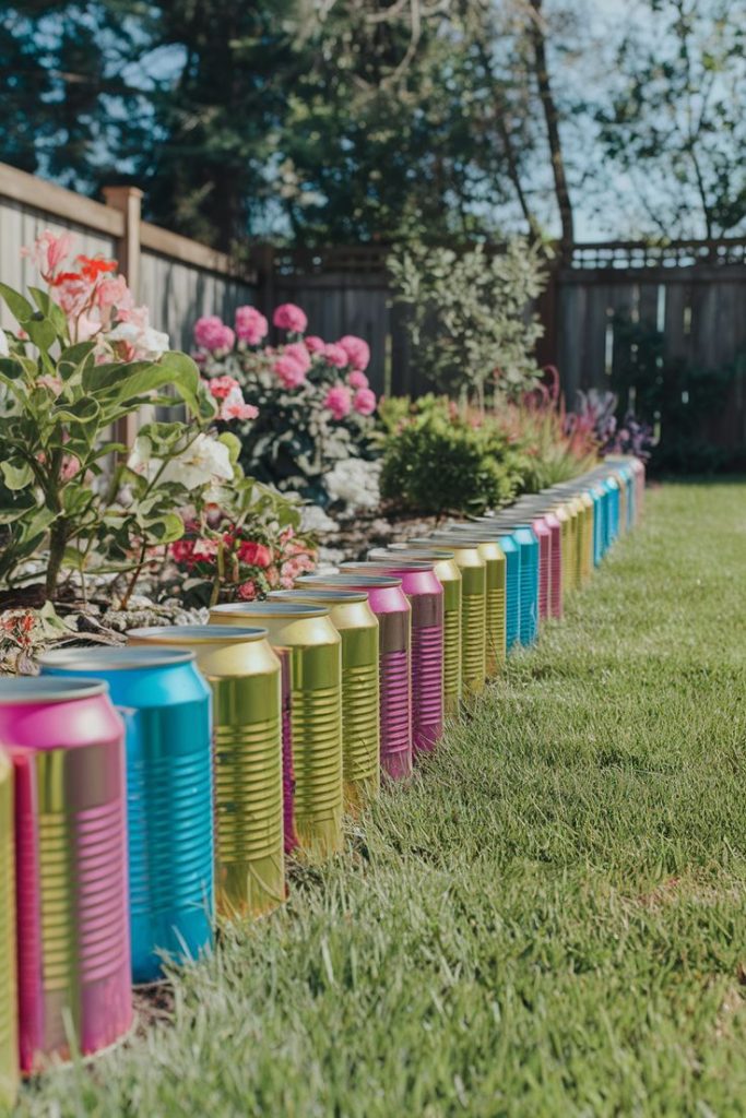 Tin can recycled garden edging idea