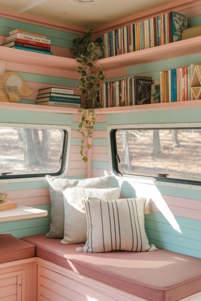 Small bookshelf inside cozy camper.