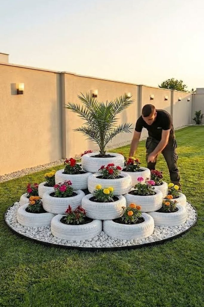 Spiral tire flower bed recycled design