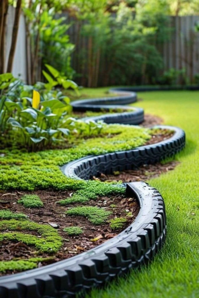 Tire slice recycled garden border idea