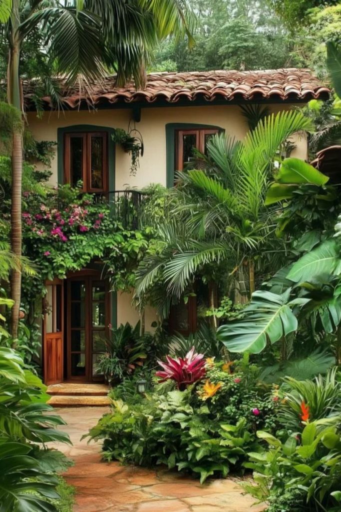Tropical backyard filled with palms.