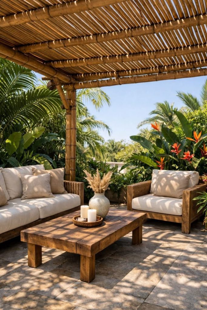Tropical pergola surrounded by palms.