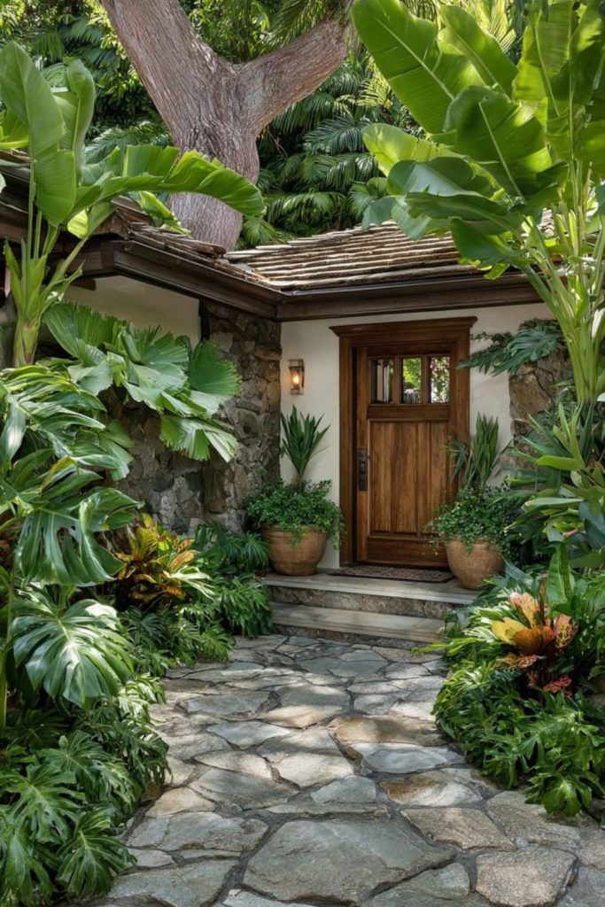 Tropical jungle gateway lush foliage vibrant exotic home entrance