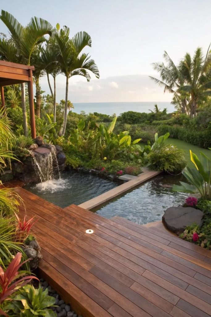 Tropical palmwood jungle pool deck