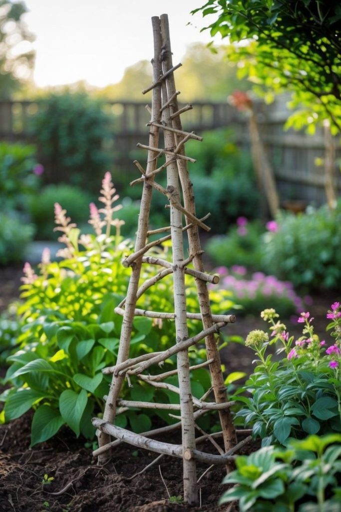 Twig teepee climbing bean trellis