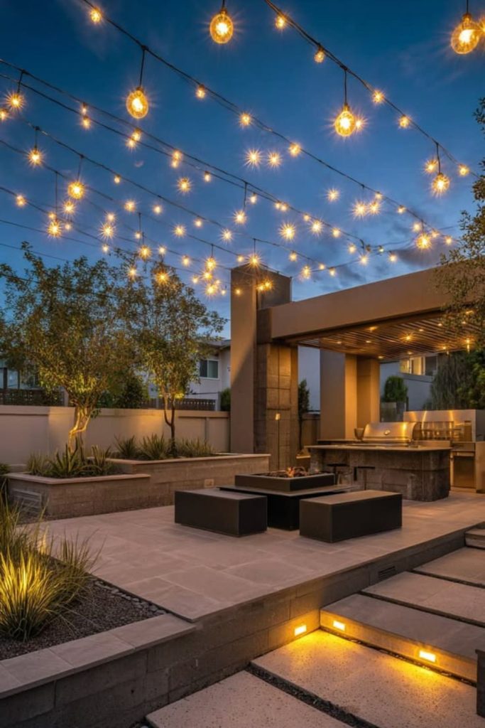 Twilight-lit concrete patio evening ambiance.
