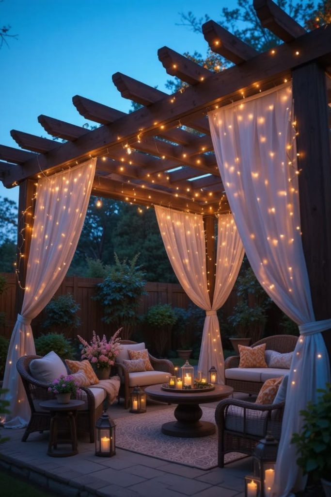 Twinkling lights beneath wooden pergola.