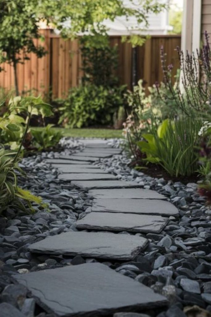 Dark slate stones, twilight garden mood.