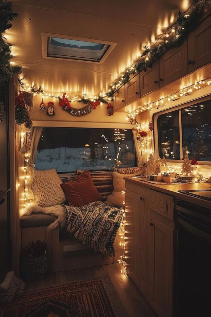 Fairy lights under RV cabinets.