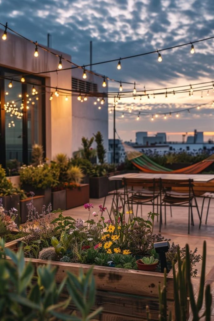 Urban rooftop skyline night camping vibe