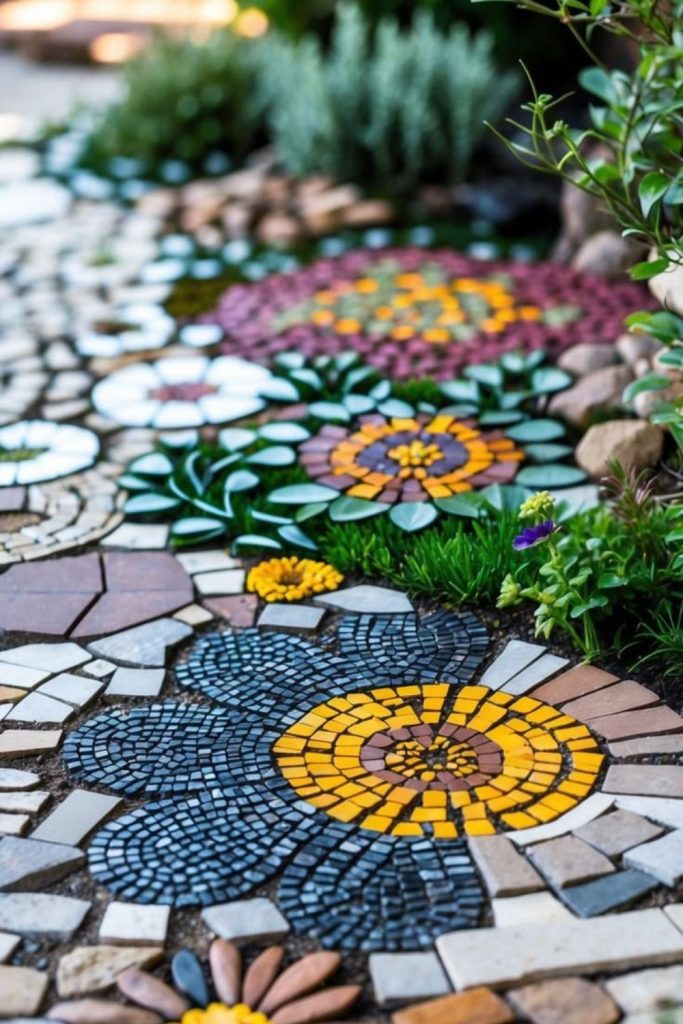 Verdant mosaic entry garden lush greenery stone path calm curb appeal