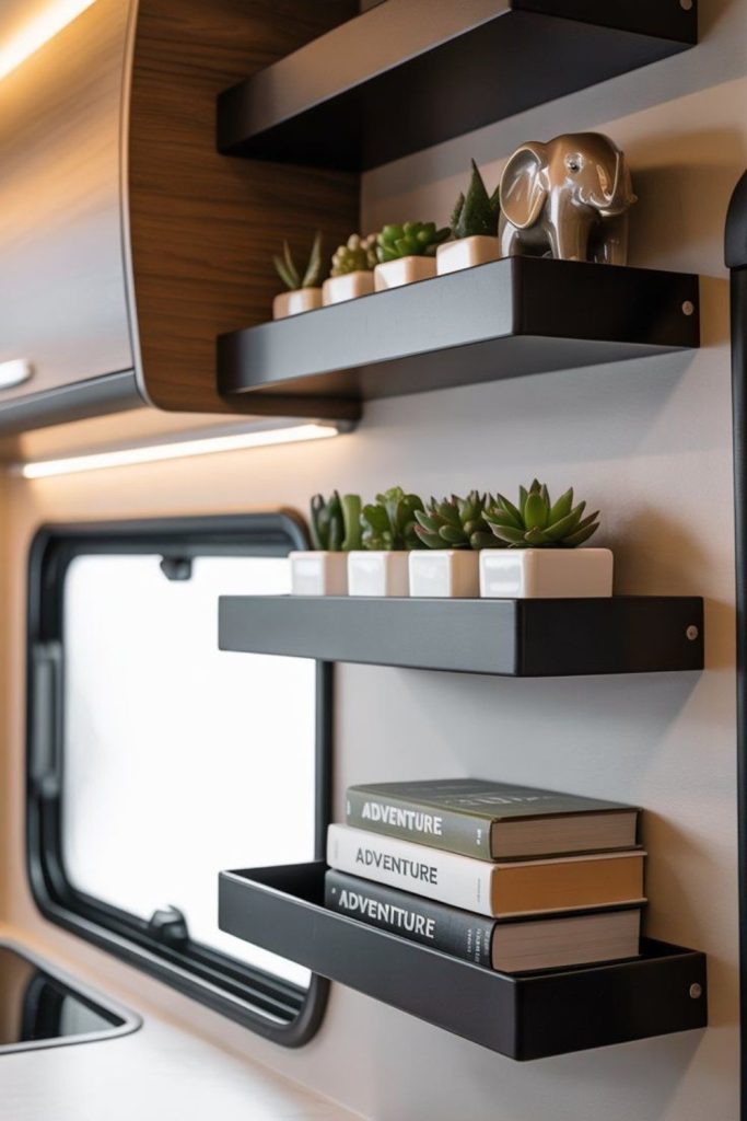 Floating shelves with travel decor.