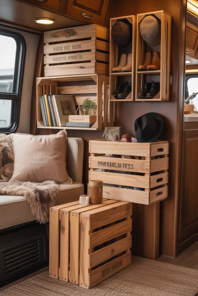 Vintage crate storage beside seating.