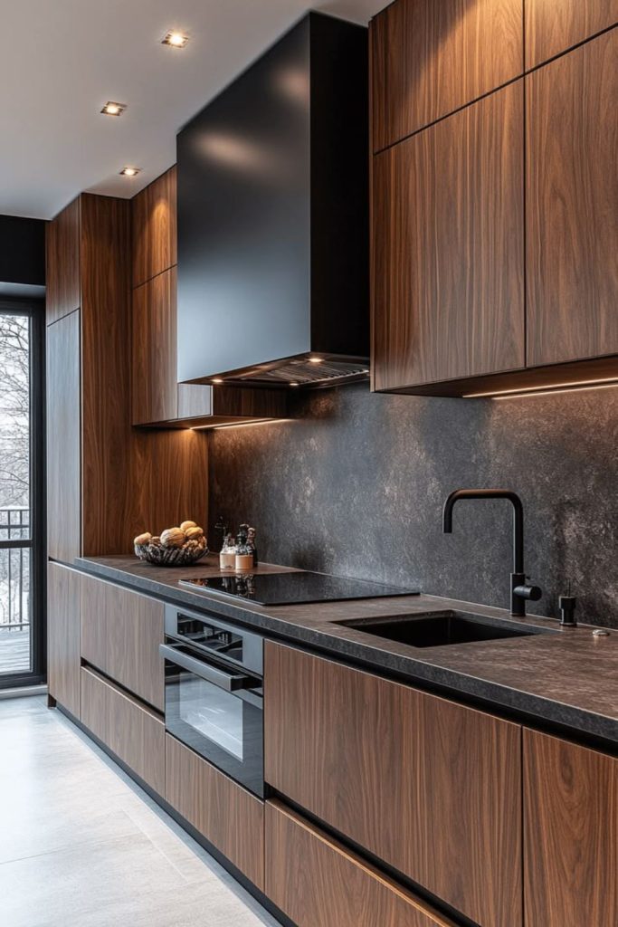 Deep walnut moody kitchen aesthetic