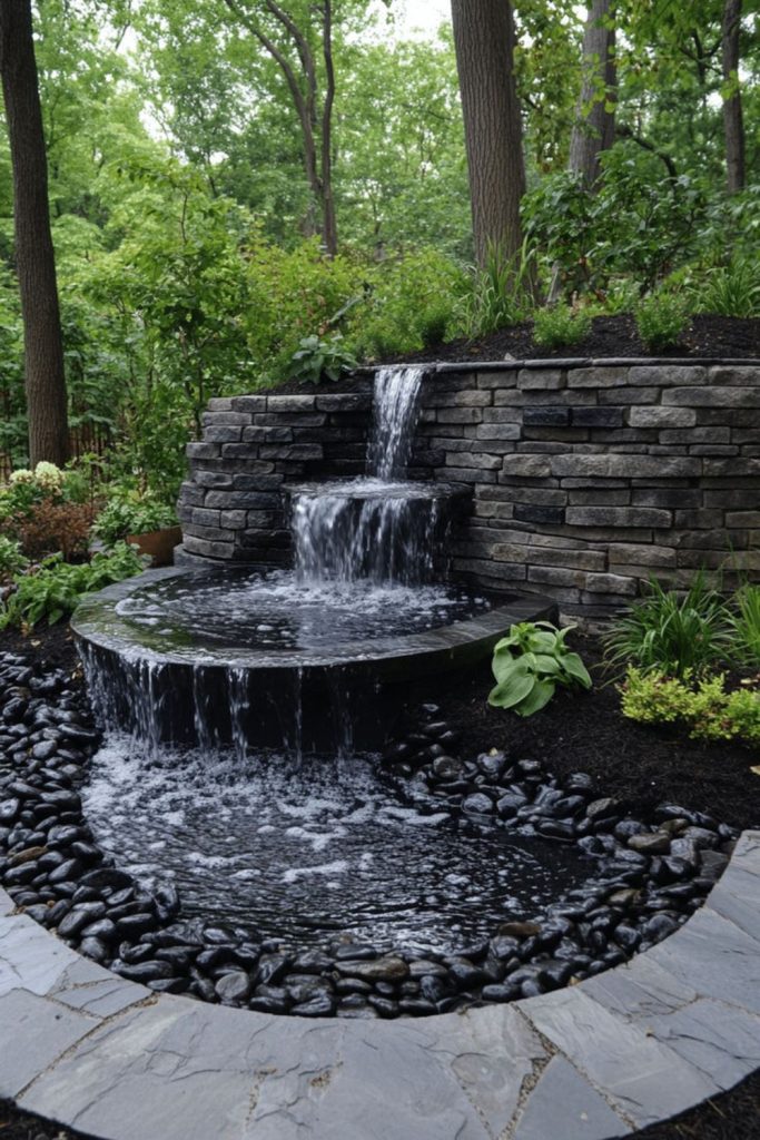 Small waterfall beside lush plants.