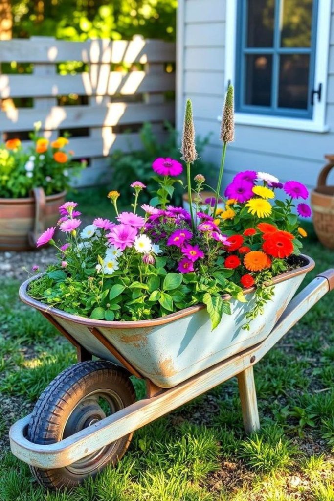 Wheelbarrow rustic flower garden display bed