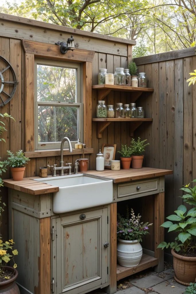 Vintage wheelbarrow mud kitchen setup.