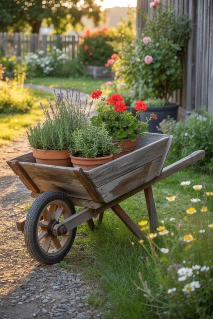 Wheelbarrow mobile garden planter stand
