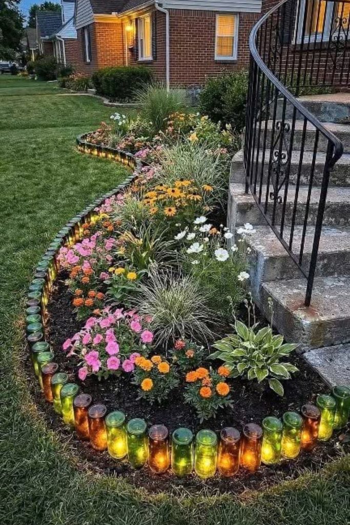 Whimsical bottle border glowing garden edge