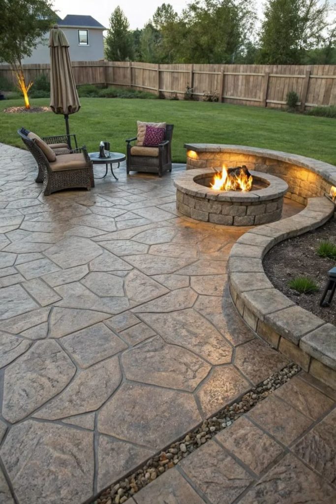 Garden-surrounded concrete patio with greenery.