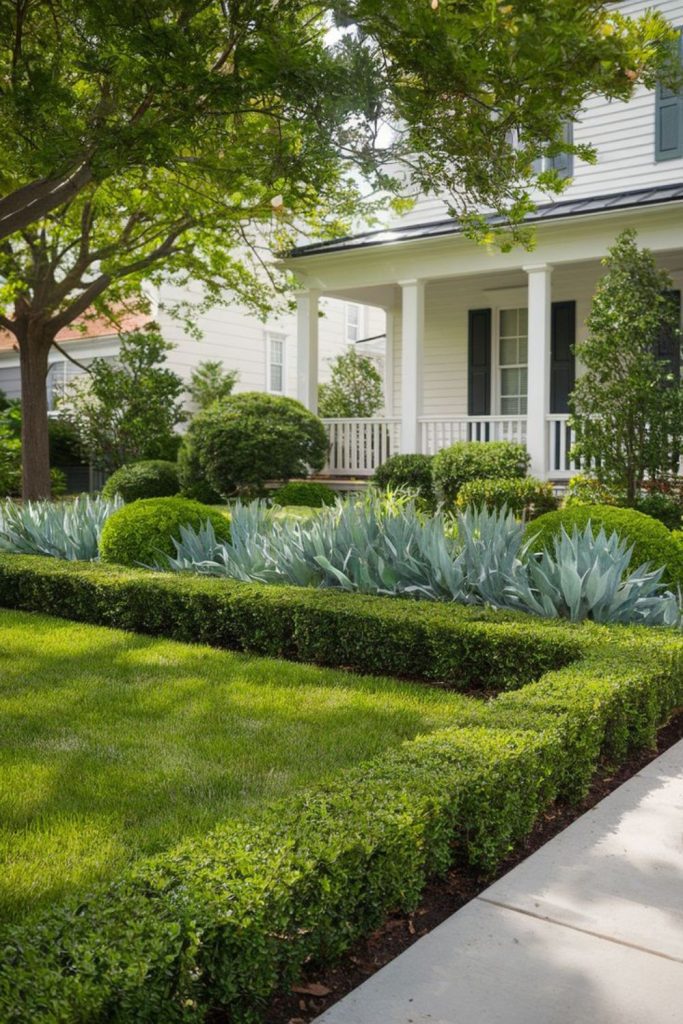Trimmed hedge pathway garden design