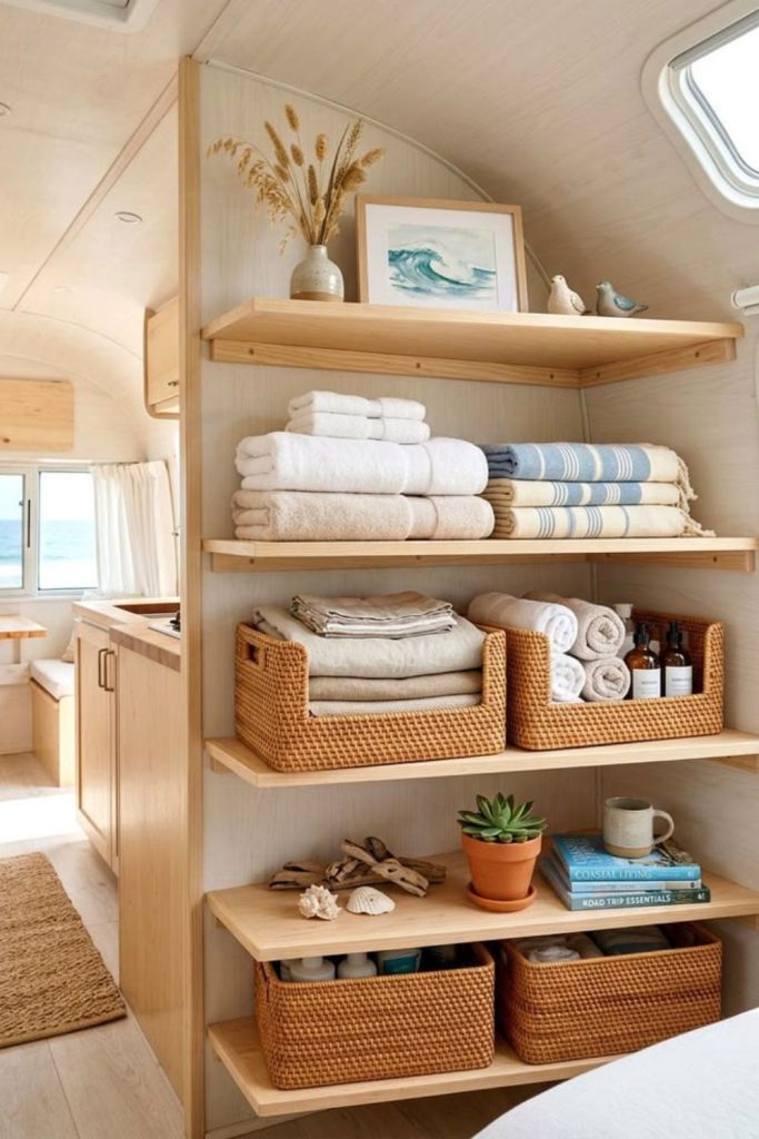Wicker baskets under RV seating.