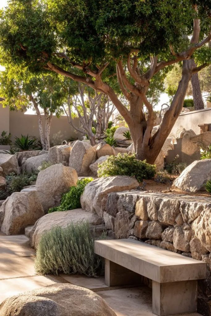 Overgrown rocks, wild canyon nature scene.
