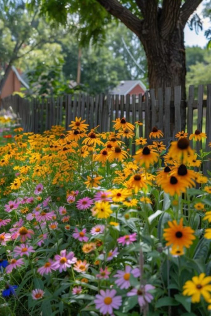 Wildflower garden with rustic fencing.