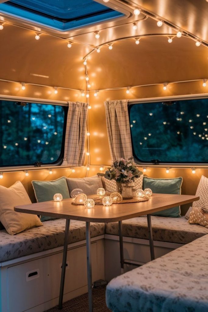 String lights around camper window.