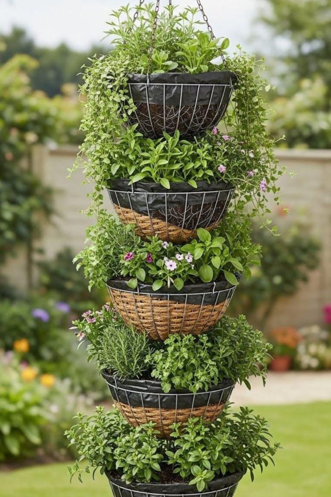 Wire basket hanging plant clusters