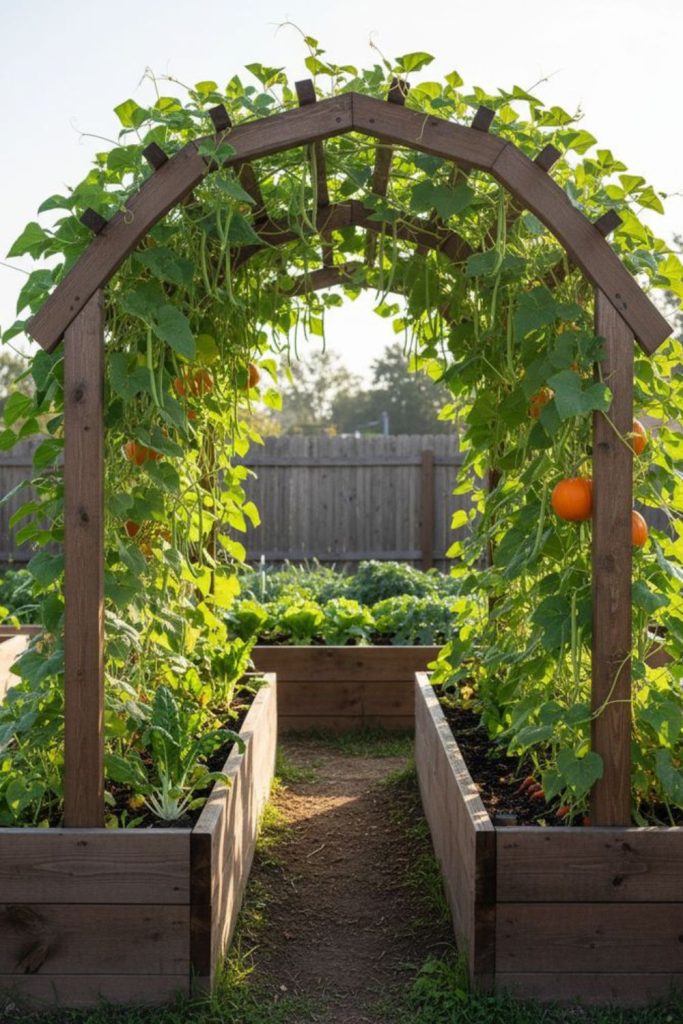Wooden arch climbing vine garden tunnel