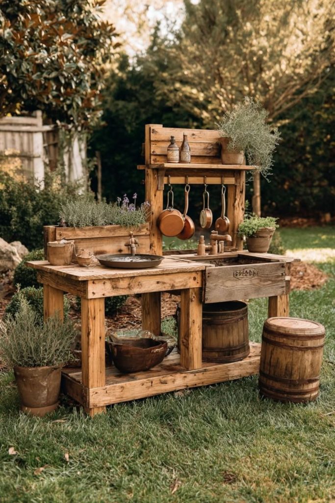 Wooden barrel outdoor mud bistro.