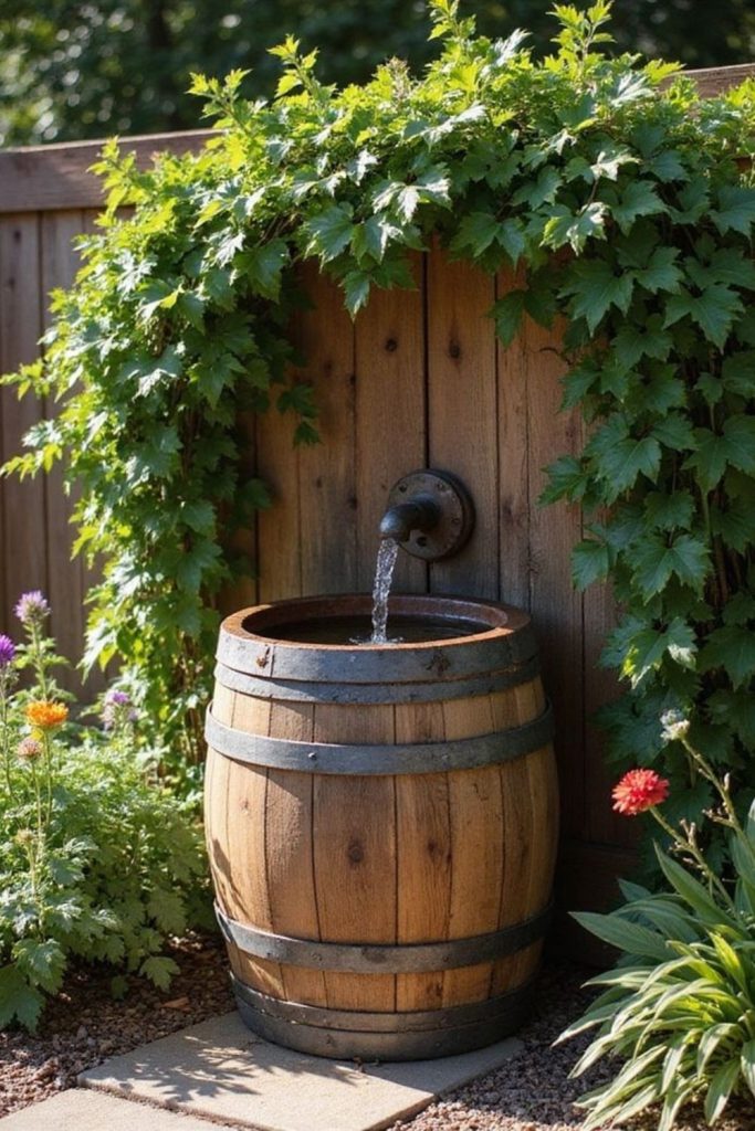 Wooden barrel backyard water garden feature