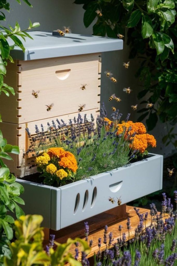 Wooden crate rustic bee bath.