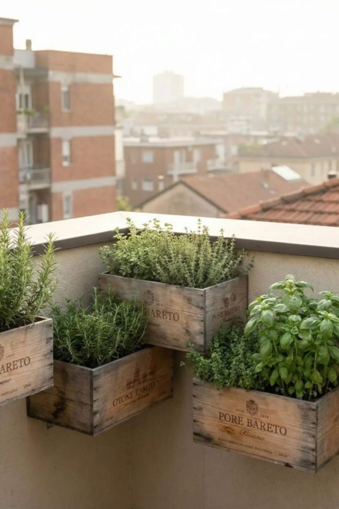 Stacked herb crate hanging garden