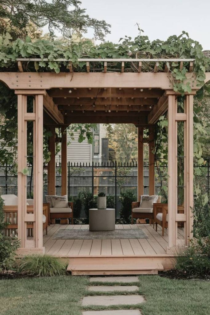 Woodland pergola surrounded by nature.