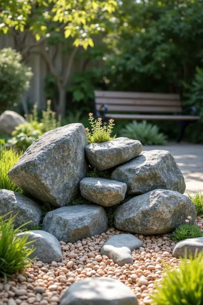 Minimal boulders, tranquil zen rock garden.