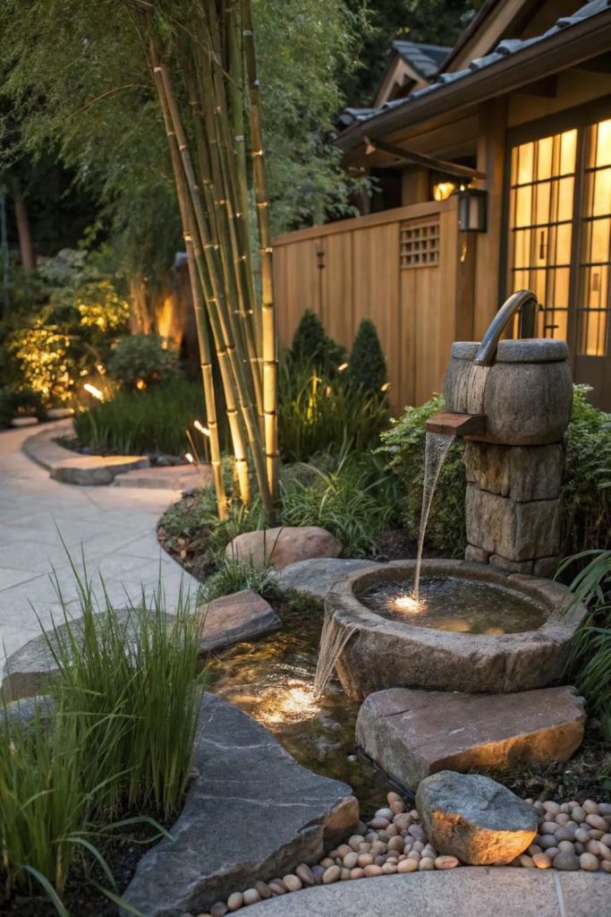 Zen water accent garden stone bamboo calm flowing water feature