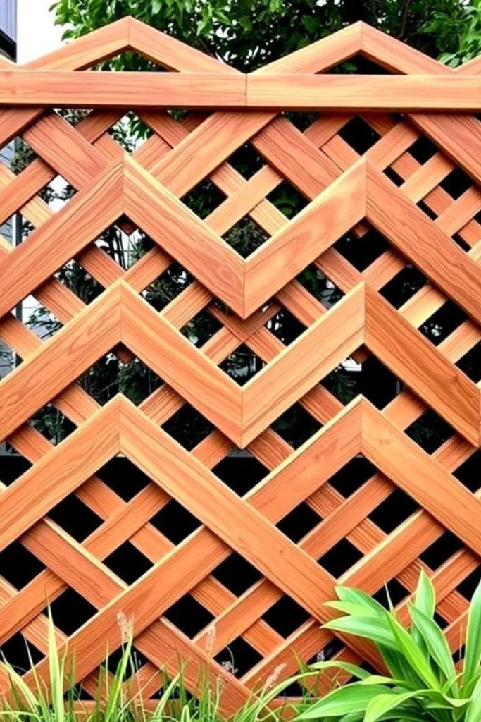 Zigzag patterned privacy garden trellis.