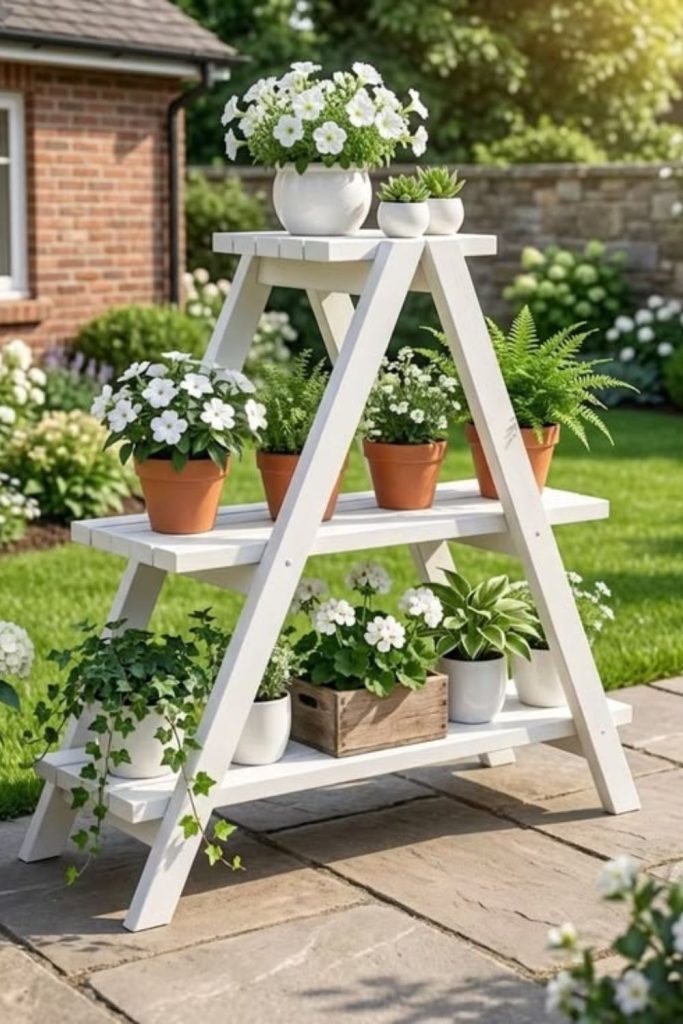 A-frame wooden tiered garden plant shelf