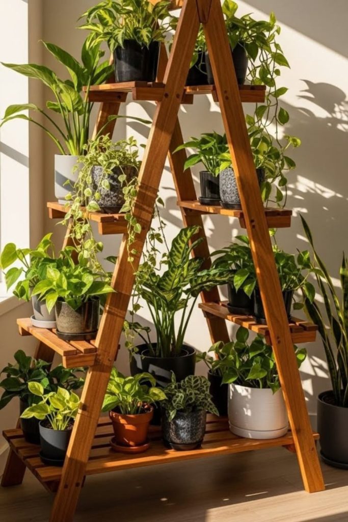 Wooden A-frame plant shelf display.