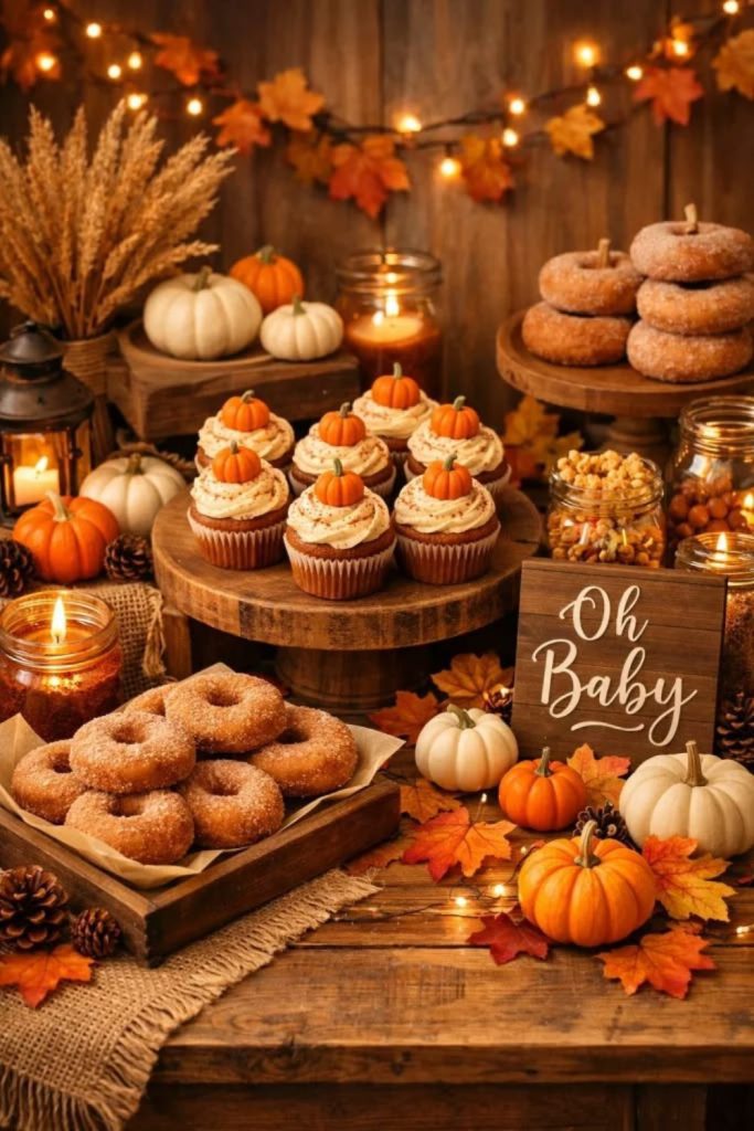 Warm glowing pumpkin dessert cart display