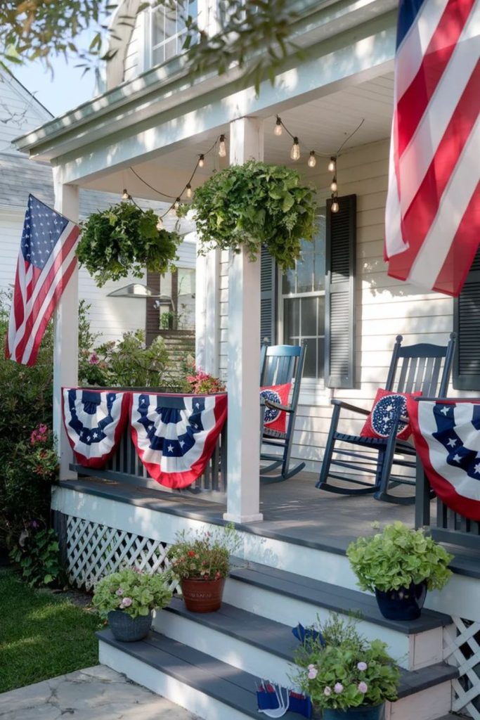 Rustic farmhouse porch with patriotic accents