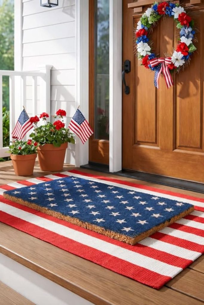Farmhouse steps decorated with flags buckets rustic pillows and patriotic charm