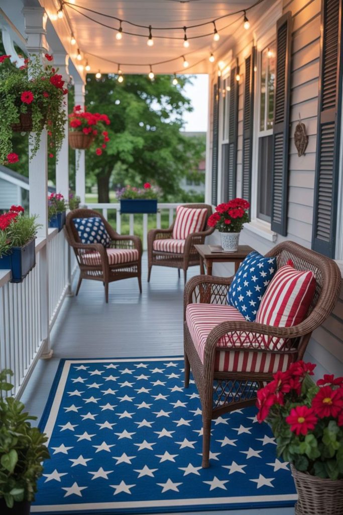 Cafe style porch with red check decor flags and cozy patriotic seating