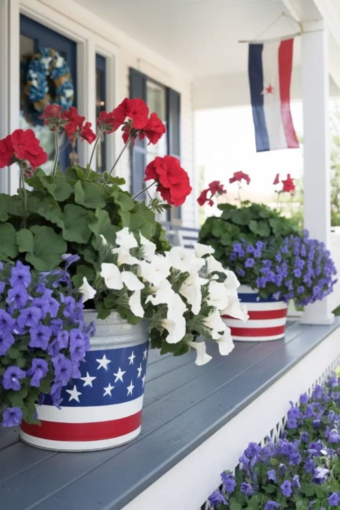 Vintage cans filled with patriotic flowers