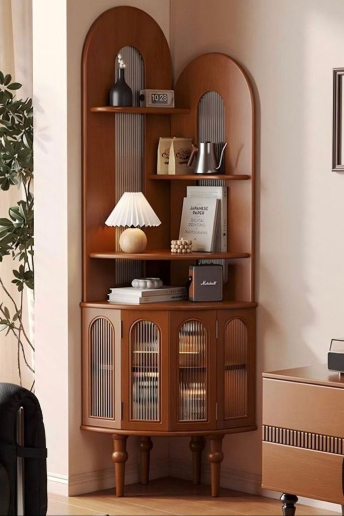 Antique curios decorating open shelves.